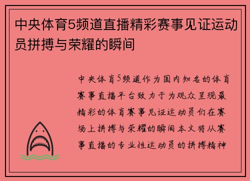 中央体育5频道直播精彩赛事见证运动员拼搏与荣耀的瞬间